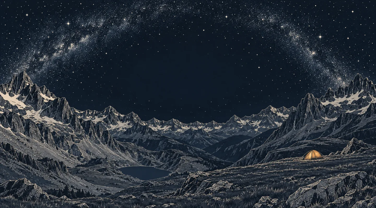 Illustration d’un paysage de haute montagne la nuit, sous l’arche de la Voie lactée, avec un lac au fond du vallon et une petite tente éclairée sur un replat herbeux