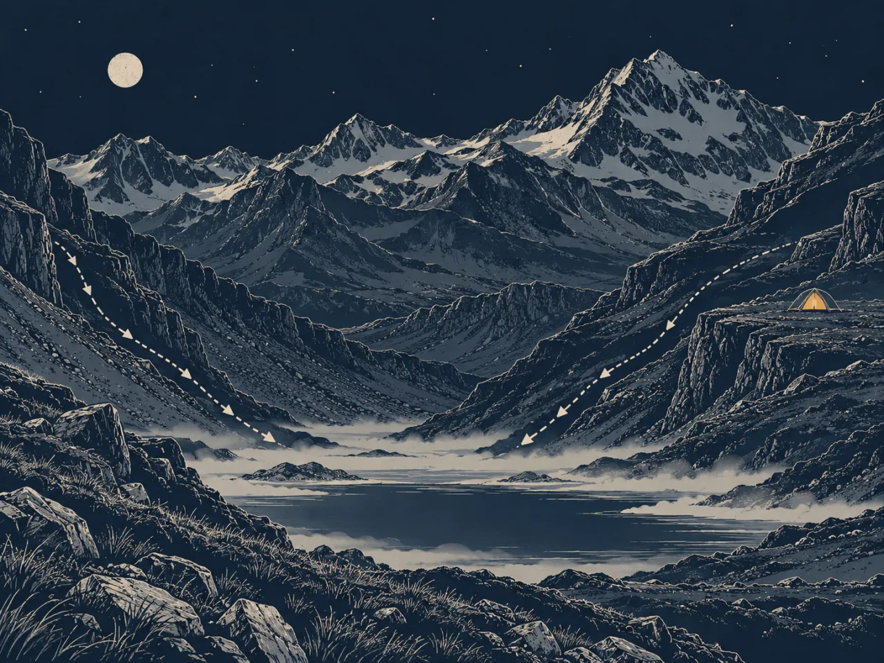 Illustration d’un vallon de nuit : des flèches pointillées suivent l’air froid qui descend les pentes vers un lac couvert de brume, tandis qu’une tente éclairée est installée plus haut, sur un replat