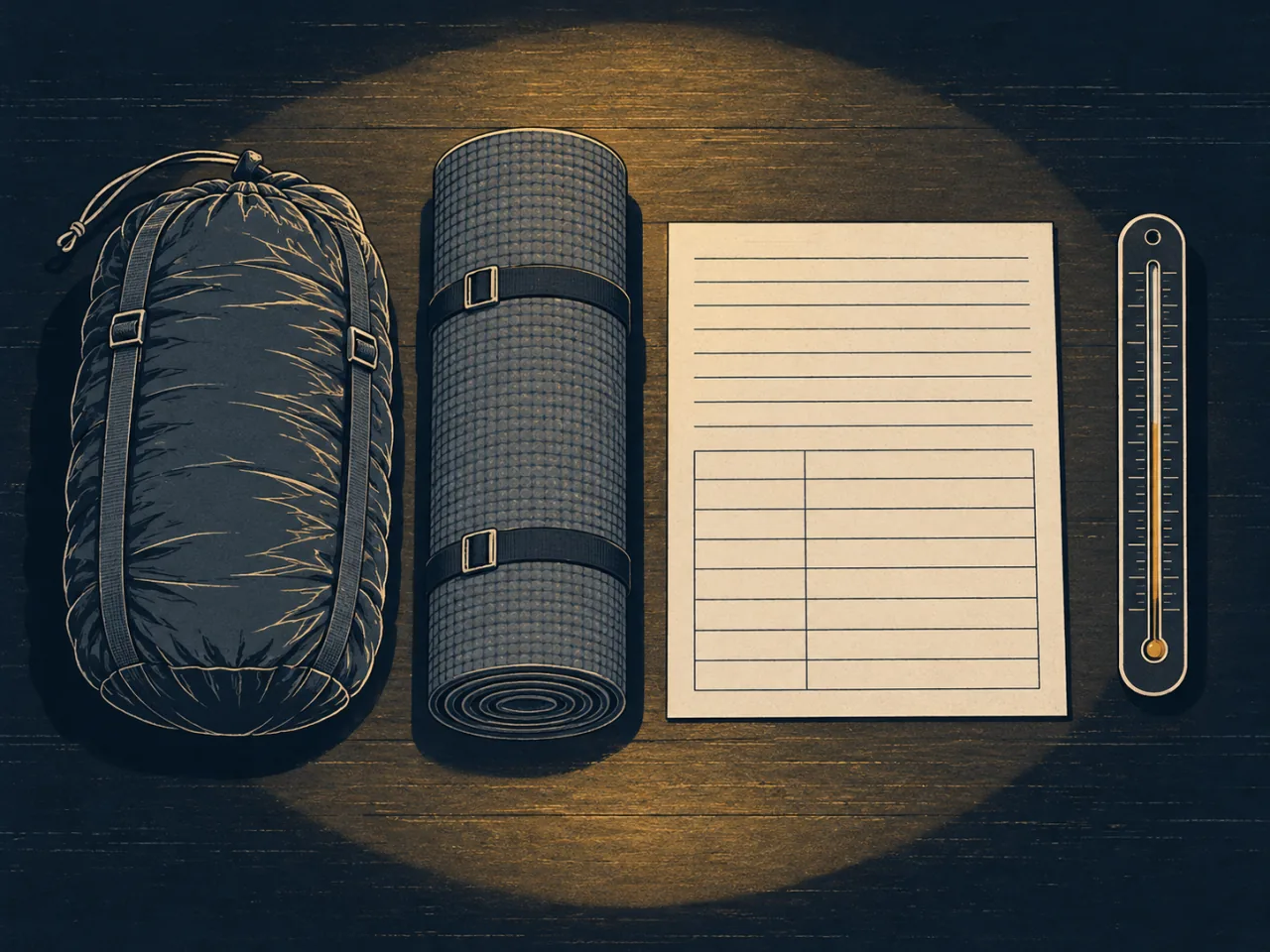 Illustration vue de dessus : un sac de couchage compressé, un matelas mousse roulé, une fiche vierge à tableau vide et un thermomètre, dans le cercle de lumière d’une frontale